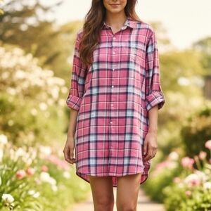 Lauren Ralph Lauren Pink Blue Plaid Shirt Dress M Preppy Coastal Barbiecore RL